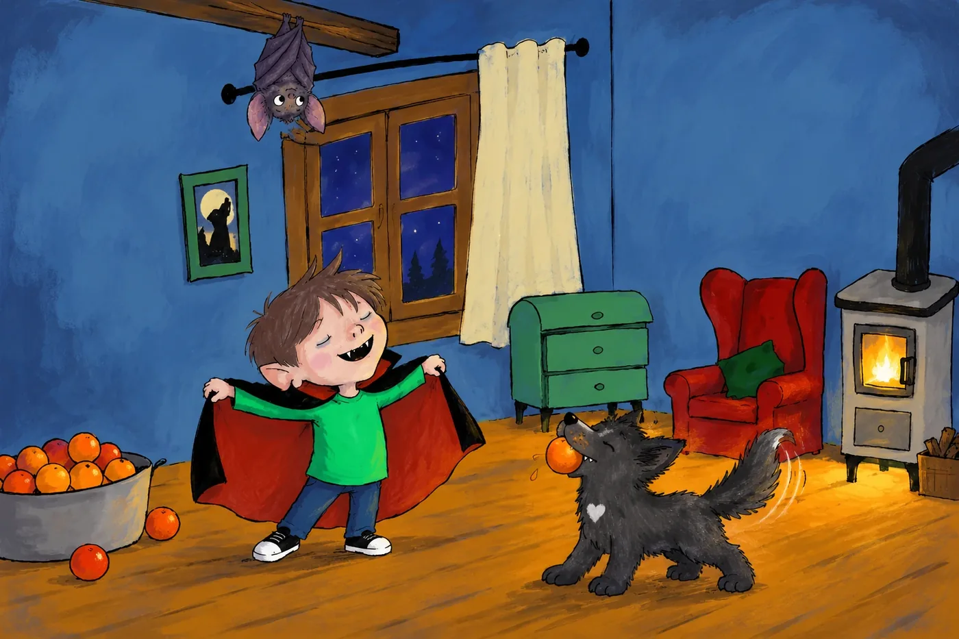 Illustration aus Justus, der lispelnde Vampir: Justus im roten Umhang lacht in einer blauen Holzhütte, Wolle tobt um ihn herum, Fledermaus Fleddy hängt kopfüber von der Decke. KI-generiert.