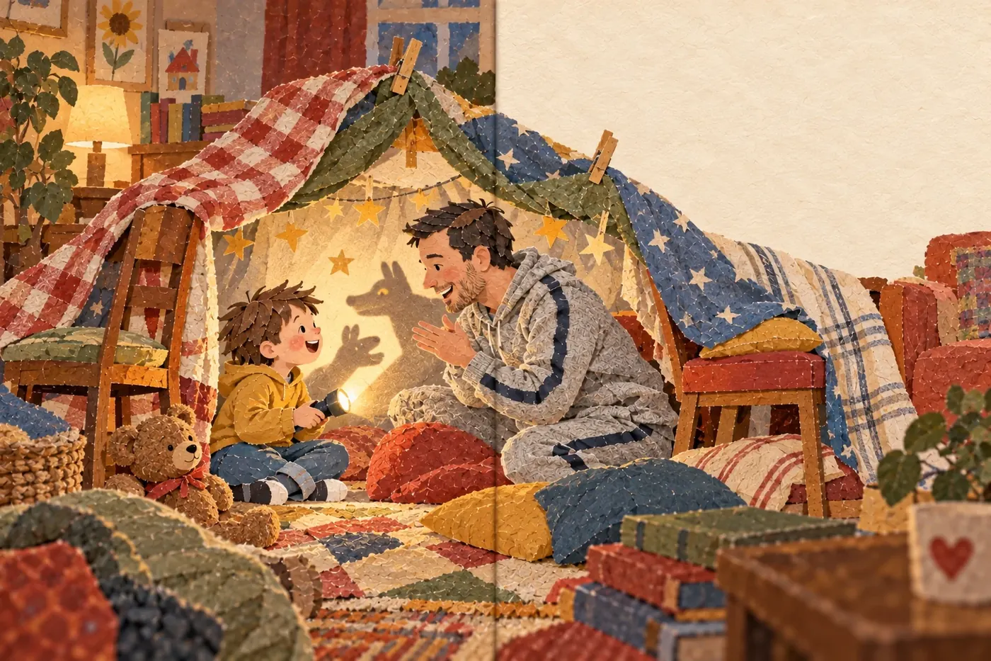 Illustration aus Papa Normal: Papa und Kind sitzen in einer Höhle aus Decken und Kissen, die Taschenlampe wirft einen Schattenhund an die Wand. KI-generiert.