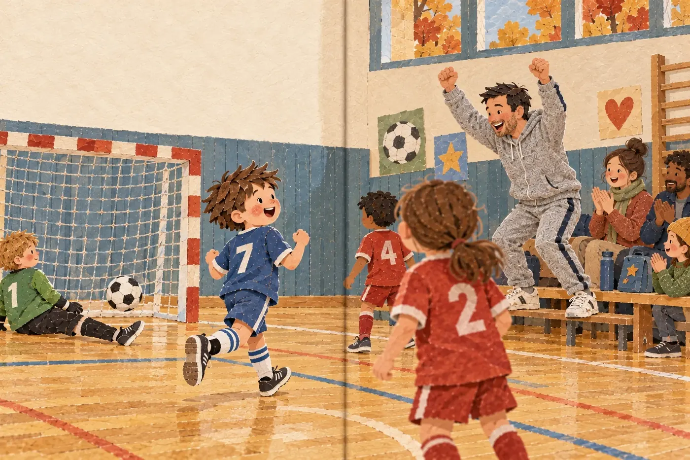 Illustration aus Papa Normal: In einer Turnhalle jubelt ein Kind nach einem Tor, am Rand springt sein Papa in Jogginghose von der Bank auf. KI-generiert.