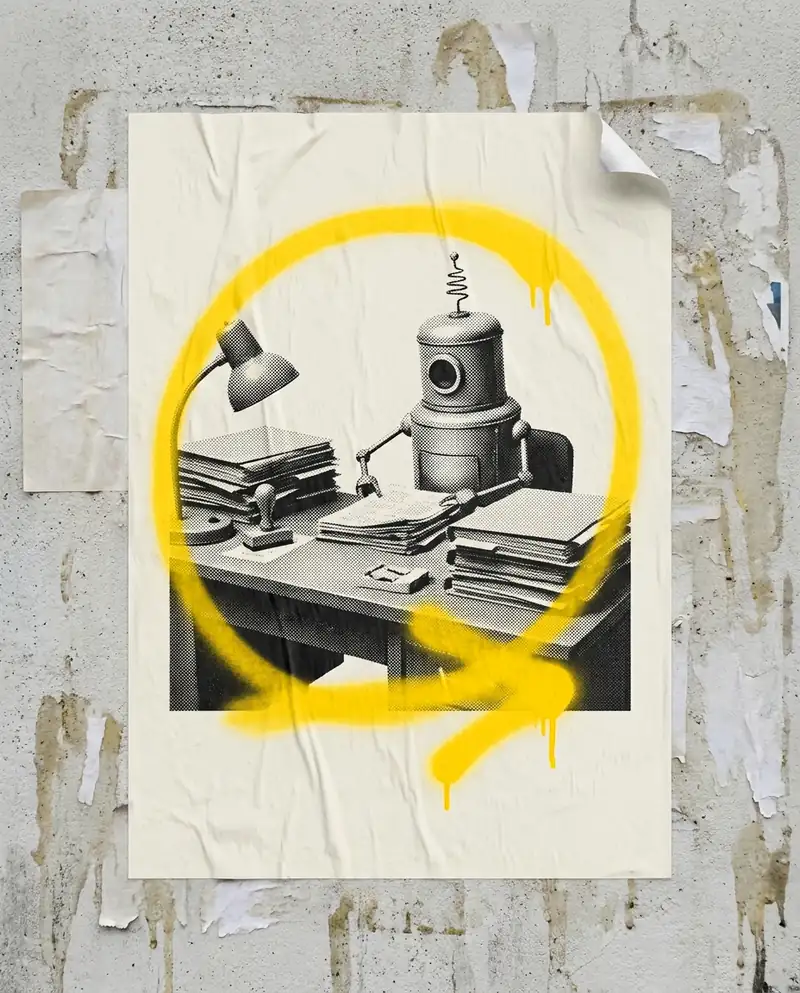 Plakat: Schreibtisch mit Aktenstapeln, Stempel und Blechroboter, gelb umkreist, KI-generiert.