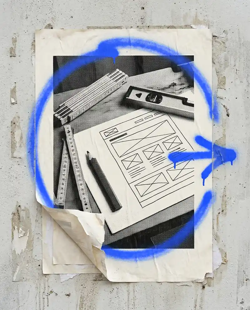 Plakat: Werkbank mit Zollstock, Wasserwaage und Wireframe-Skizze, blau umkreist, KI-generiert.