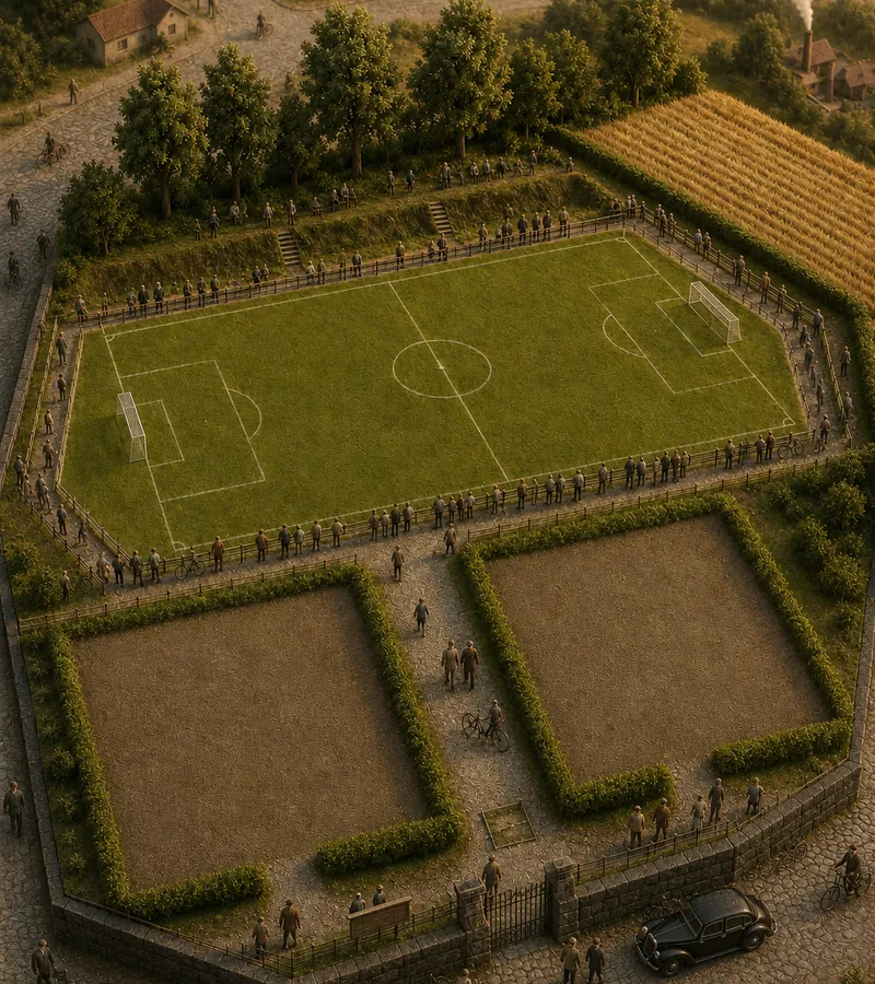Luftbild eines Fußballplatzes um 1900 zwischen Feldern und Hecken.