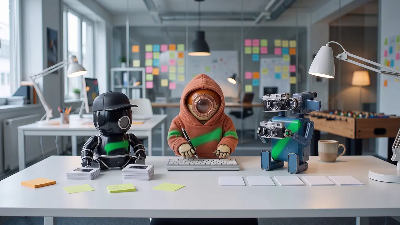 Standbild aus dem eigenen Clip: Ein Chef mit Papierkrone kündigt den Buzzwords. KI-generiert.