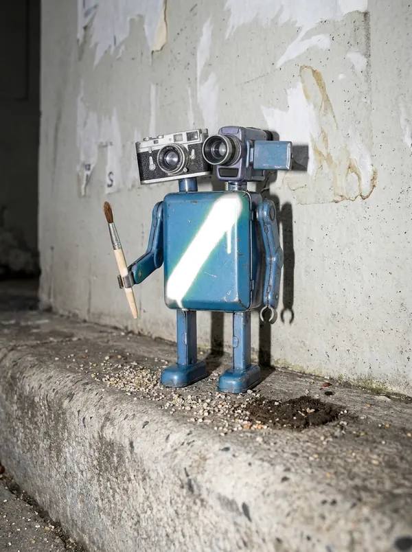 Blauer Blechroboter mit zwei Köpfen, einer Fotokamera und einer Videokamera, mit Pinsel, steht an einer Betonwand auf dem Bordstein. KI-generiert.