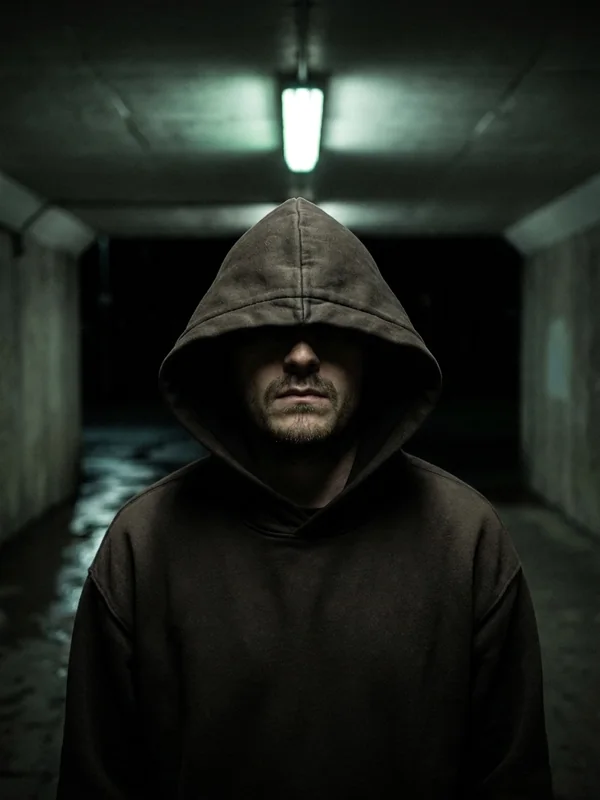 Julio im dunklen Hoodie in einer nächtlichen Unterführung, Kapuze tief über den Augen, über ihm eine Neonröhre. KI-bearbeitetes Foto.